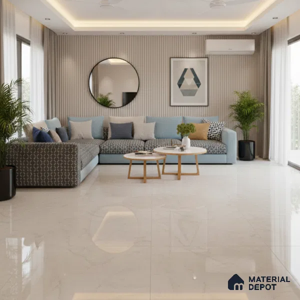 Large Format Marble Floor Tile TL 04402 Cevino White Glossy Finish Vitrified Colorbody Tile - 15 mm | Suitable for Living Room, Bedroom, Office | Adhesive and Spacers Must be Used During Installation