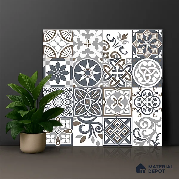 Moroccan Floor & Wall Tile TL 04670 C Florencia Cold Deco Gray 2 ft x 2 ft - Porcelain Matte Finish 8 mm | Suitable For Kitchen, Balcony, Dining Area | Please Expect a Slight Variation of Pattern