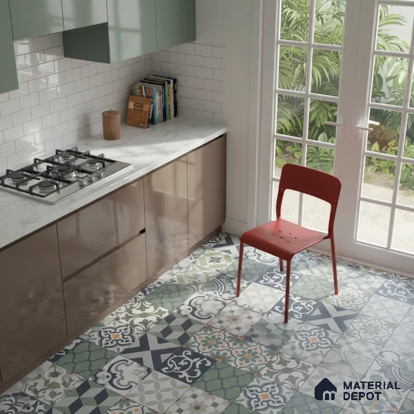 Moroccan Floor & Wall Tile TL 04670 E Florencia Flora Green 2 ft x 2 ft -  Porcelain Matte Finish 8 mm | Suitable for Kitchen, Bathroom, Dining Area | Please Expect a Slight Variation of Pattern