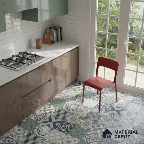 Moroccan Floor & Wall Tile TL 04670 E Florencia Flora Green 2 ft x 2 ft - Porcelain Matte Finish 8 mm | Suitable For Kitchen, Balcony, Dining Area | Please Expect a Slight Variation of Pattern