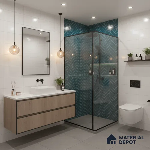 Faux Subway Wall Tile TL 04684 H Herringbone Solara Lake Blue 2 ft x 1 ft Ceramic Glossy Finish - 9 mm | Suitable For Kitchen, Bathroom Walls and Backsplashes | Please Expect a Slight Variation of Pattern