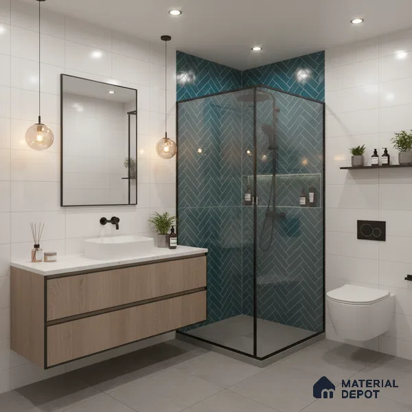 Faux Subway Wall Tile TL 04684 H Herringbone Solara Lake Blue 2 ft x 1 ft Ceramic Glossy Finish - 9 mm | Suitable For Kitchen, Bathroom Walls and Backsplashes | Please Expect a Slight Variation of Pattern
