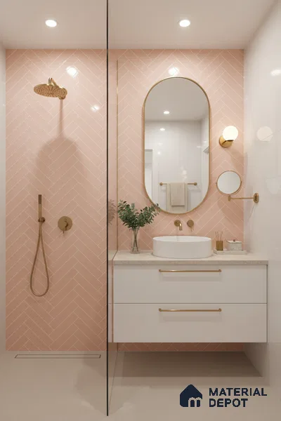 Faux Subway Wall Tile TL 04684 I Herringbone Solara Norvegia Pink 2 ft x 1 ft Ceramic Glossy Finish - 9 mm | Suitable For Kitchen, Bathroom Walls and Backsplashes | Please Expect a Slight Variation of Pattern (Sample)