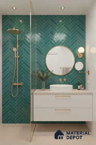 Faux Subway Wall Tile TL 04684 K Herringbone Solara Seafoam Green 2 ft x 1 ft Ceramic Glossy Finish - 9 mm | Suitable For Kitchen, Bathroom Walls and Backsplashes | Please Expect a Slight Variation of Pattern