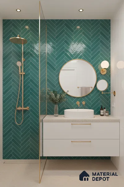 Faux Subway Wall Tile TL 04684 K Herringbone Solara Seafoam Green 2 ft x 1 ft Ceramic Glossy Finish - 9 mm | Suitable For Kitchen, Bathroom Walls and Backsplashes | Please Expect a Slight Variation of Pattern (Sample)
