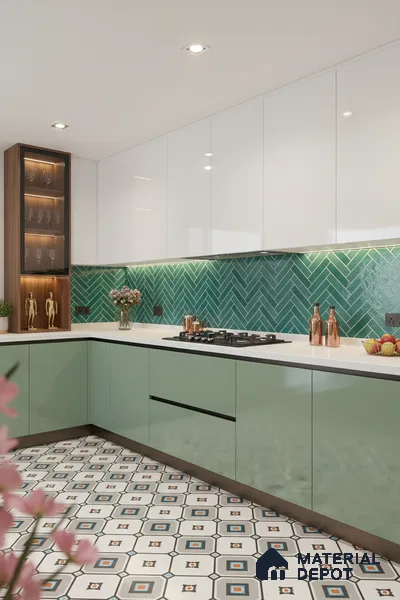 Faux Subway Wall Tile TL 04684 K Herringbone Solara Seafoam Green 2 ft x 1 ft Ceramic Glossy Finish - 9 mm | Suitable For Kitchen, Bathroom Walls and Backsplashes | Please Expect a Slight Variation of Pattern (Sample)