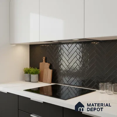 Faux Subway Wall Tile TL 04684 P Herringbone Solara Raven Shine 2 ft x 1 ft Ceramic Glossy Finish - 9 mm | Suitable For Kitchen, Bathroom Walls and Backsplashes | Please Expect a Slight Variation of Pattern