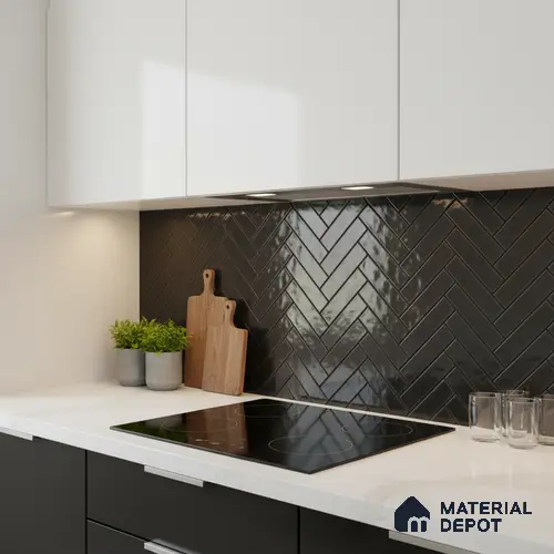 Faux Subway Wall Tile TL 04684 P Herringbone Solara Raven Shine 2 ft x 1 ft Ceramic Glossy Finish - 9 mm | Suitable For Kitchen, Bathroom Walls and Backsplashes | Please Expect a Slight Variation of Pattern