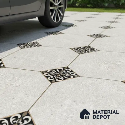 Moroccan Floor Tile TL 04784 Earthen Slate Hexa Silver Grey 16 x 16 inch Vitrified Anti Skid Matte Finish - 12 mm | Suitable for Parking, Bathroom, Balcony, Courtyard | Pattern Alignment May Vary | 2-3 mm Spacer is Mandatory