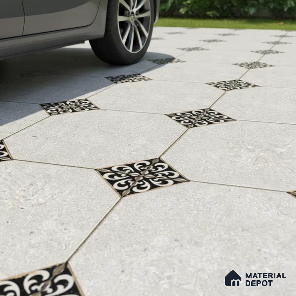 Moroccan Floor Tile TL 04784 Earthen Slate Hexa Silver Grey 16 x 16 inch Vitrified Anti Skid Matte Finish - 12 mm | Suitable for Parking, Bathroom, Balcony, Courtyard | Pattern Alignment May Vary | 2-3 mm Spacer is Mandatory