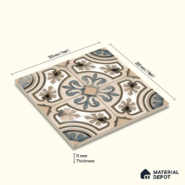 Moroccan Tile TL 04786 Zellige Casablanca Fleur Multi Colour 1 ft x 1 ft Porcelain Matte Finish - 11 mm | Suitable For Kitchen, Bathroom, Balcony | Please Expect a Slight Variation of Pattern