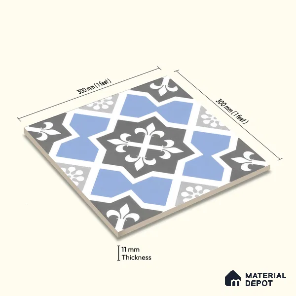 Moroccan Tile TL 04789 Zellige Blue Dallas Multi Colour 1 ft x 1 ft Porcelain Matte Finish - 11 mm | Suitable for Kitchen, Bathroom, Balcony | Please Expect a Slight Variation of Pattern