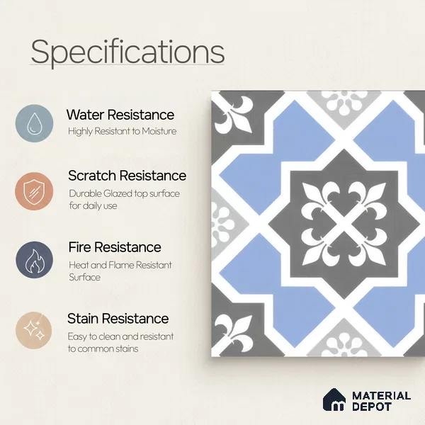 Moroccan Tile TL 04789 Zellige Blue Dallas Multi Colour 1 ft x 1 ft Porcelain Matte Finish - 11 mm | Suitable for Kitchen, Bathroom, Balcony | Please Expect a Slight Variation of Pattern