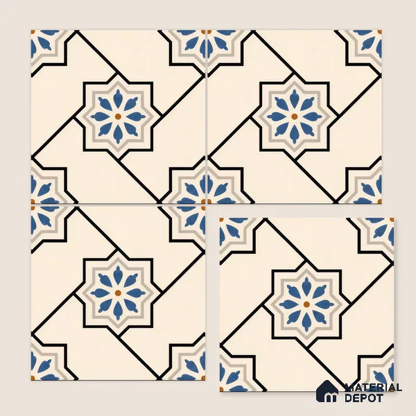 Moroccan Floor & Wall Athangudi Tile TL 04791 Zellige Beige Star Multi Colour 1 ft x 1 ft Porcelain Matte Finish - 11 mm | Suitable for Kitchen, Bathroom, Balcony | Please Expect a Slight Variation of Pattern