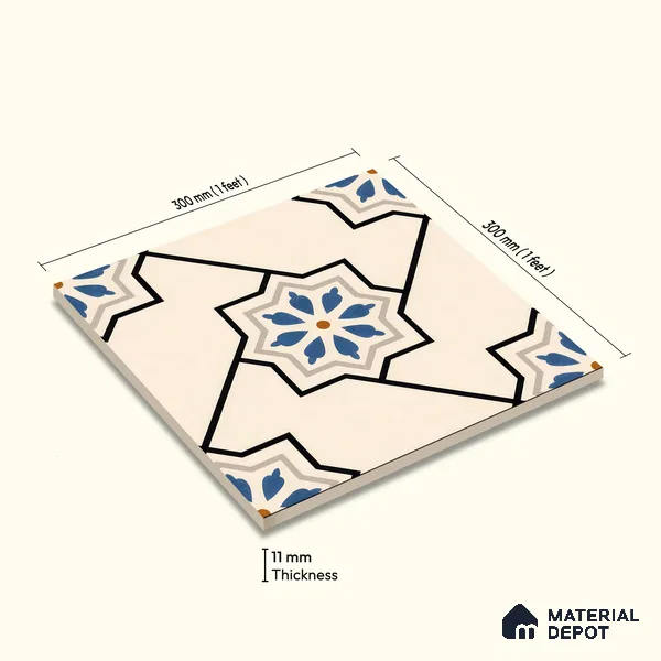 Moroccan Floor & Wall Athangudi Tile TL 04791 Zellige Beige Star Multi Colour 1 ft x 1 ft Porcelain Matte Finish - 11 mm | Suitable for Kitchen, Bathroom, Balcony | Please Expect a Slight Variation of Pattern