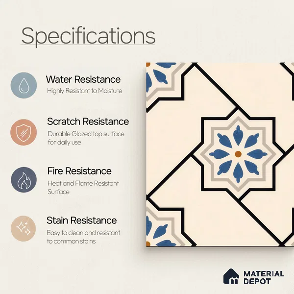 Moroccan Floor & Wall Athangudi Tile TL 04791 Zellige Beige Star Multi Colour 1 ft x 1 ft Porcelain Matte Finish - 11 mm | Suitable for Kitchen, Bathroom, Balcony | Please Expect a Slight Variation of Pattern