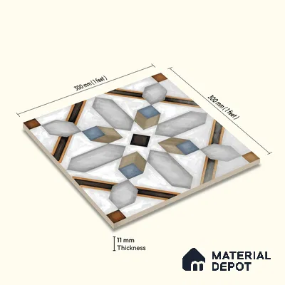 Moroccan Floor & Wall Tile TL 04792 Zellige Grey Plus Multi Colour 1 ft x 1 ft Porcelain Matte Finish - 11 mm | Suitable for Kitchen, Bathroom, Balcony | Please Expect a Slight Variation of Pattern
