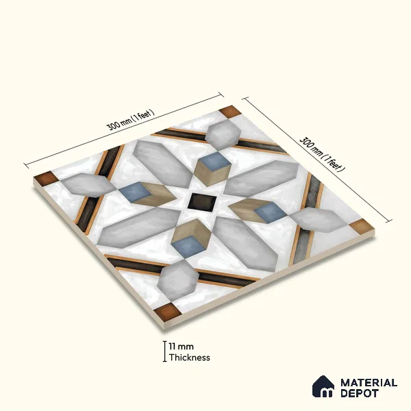 Moroccan Floor & Wall Tile TL 04792 Zellige Grey Plus Multi Colour 1 ft x 1 ft Porcelain Matte Finish - 11 mm | Suitable for Kitchen, Bathroom, Balcony | Please Expect a Slight Variation of Pattern