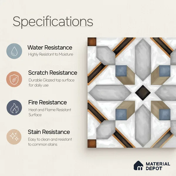 Moroccan Floor & Wall Tile TL 04792 Zellige Grey Plus Multi Colour 1 ft x 1 ft Porcelain Matte Finish - 11 mm | Suitable for Kitchen, Bathroom, Balcony | Please Expect a Slight Variation of Pattern