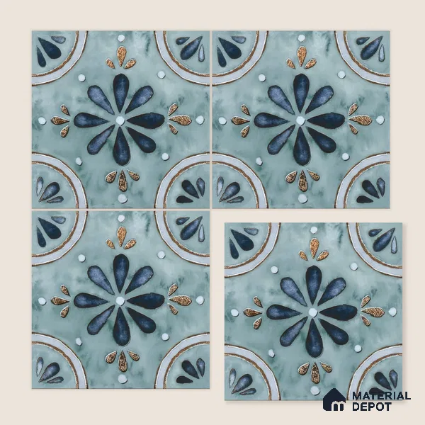 Moroccan Floor & Wall Tile TL 04793 Zellige Blue Floral Multi Colour 1 ft x 1 ft Porcelain Matte Finish - 11 mm | Suitable for Kitchen, Bathroom, Balcony | Please Expect a Slight Variation of Pattern