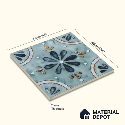 Moroccan Floor & Wall Tile TL 04793 Zellige Blue Floral Multi Colour 1 ft x 1 ft Porcelain Matte Finish - 11 mm | Suitable for Kitchen, Bathroom, Balcony | Please Expect a Slight Variation of Pattern