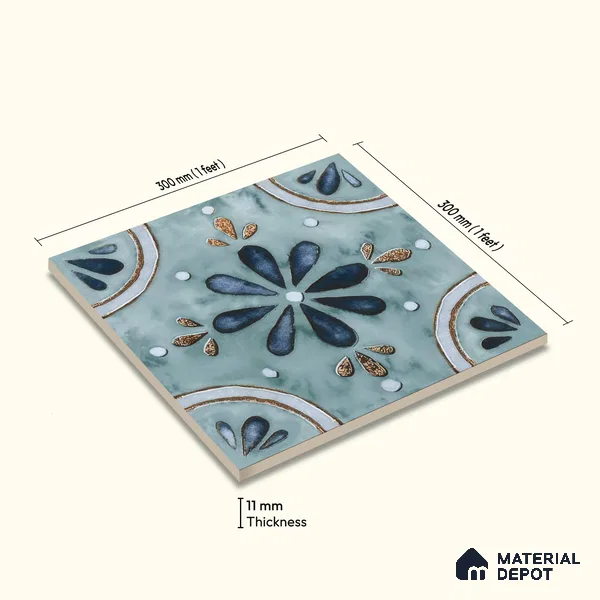 Moroccan Floor & Wall Tile TL 04793 Zellige Blue Floral Multi Colour 1 ft x 1 ft Porcelain Matte Finish - 11 mm | Suitable for Kitchen, Bathroom, Balcony | Please Expect a Slight Variation of Pattern