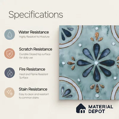 Moroccan Floor & Wall Tile TL 04793 Zellige Blue Floral Multi Colour 1 ft x 1 ft Porcelain Matte Finish - 11 mm | Suitable for Kitchen, Bathroom, Balcony | Please Expect a Slight Variation of Pattern