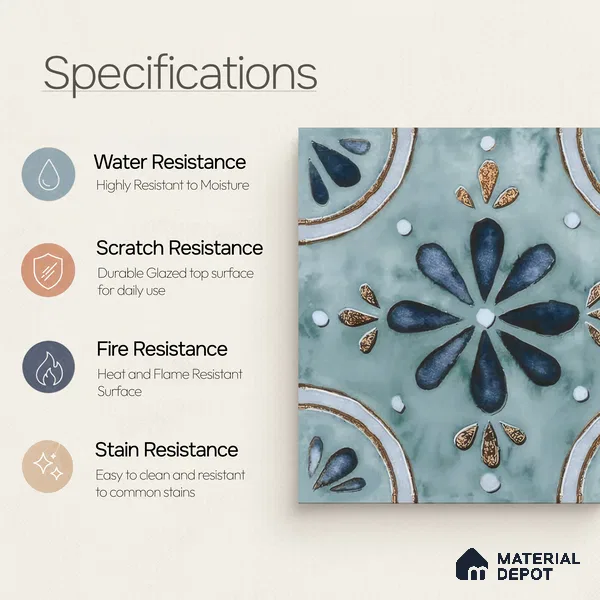 Moroccan Floor & Wall Tile TL 04793 Zellige Blue Floral Multi Colour 1 ft x 1 ft Porcelain Matte Finish - 11 mm | Suitable for Kitchen, Bathroom, Balcony | Please Expect a Slight Variation of Pattern