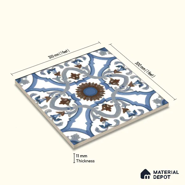 Moroccan Floor & Wall Tile TL 04795 Zellige Ohlo Blue Multi Colour 1 ft x 1 ft Porcelain Matte Finish - 11 mm | Suitable for Kitchen, Bathroom, Balcony | Please Expect a Slight Variation of Pattern