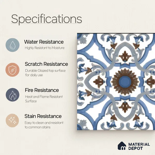 Moroccan Floor & Wall Tile TL 04795 Zellige Ohlo Blue Multi Colour 1 ft x 1 ft Porcelain Matte Finish - 11 mm | Suitable for Kitchen, Bathroom, Balcony | Please Expect a Slight Variation of Pattern