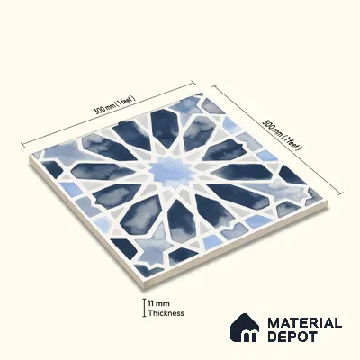 Moroccan Wall & Floor Tile TL 04799 Zellige Blue Crystal Salta Multi Colour 1 ft x 1 ft Porcelain Matte Finish - 11 mm | Suitable for Kitchen, Bathroom, Balcony | Please Expect a Slight Variation of Pattern