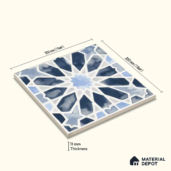 Moroccan Wall & Floor Tile TL 04799 Zellige Blue Crystal Salta Multi Colour 1 ft x 1 ft Porcelain Matte Finish - 11 mm | Suitable for Kitchen, Bathroom, Balcony | Please Expect a Slight Variation of Pattern