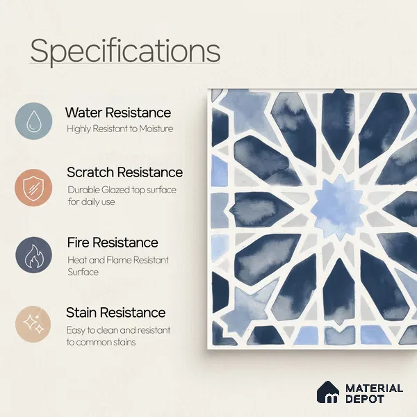 Moroccan Wall & Floor Tile TL 04799 Zellige Blue Crystal Salta Multi Colour 1 ft x 1 ft Porcelain Matte Finish - 11 mm | Suitable for Kitchen, Bathroom, Balcony | Please Expect a Slight Variation of Pattern
