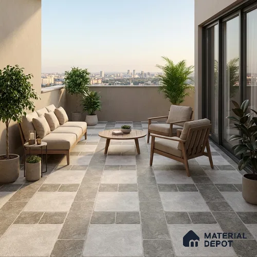 Punch Tile TL 04807 Rustique Elegance Light Ash Grey 16 x 16 inch Vitrified Matte Finish - 12 mm | Suitable for Parking, Terrace, Balcony, Courtyard | Heavy Duty Digital Anti Skid Parking Floor | Pattern Alignment May Vary | 2-3 mm Spacer is Mandatory