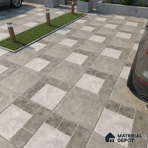 Punch Tile TL 04807 Rustique Elegance Light Ash Grey 16 x 16 inch Vitrified Matte Finish - 12 mm | Suitable for Parking, Terrace, Balcony, Courtyard | Heavy Duty Digital Anti Skid Parking Floor | Pattern Alignment May Vary | 2-3 mm Spacer is Mandatory