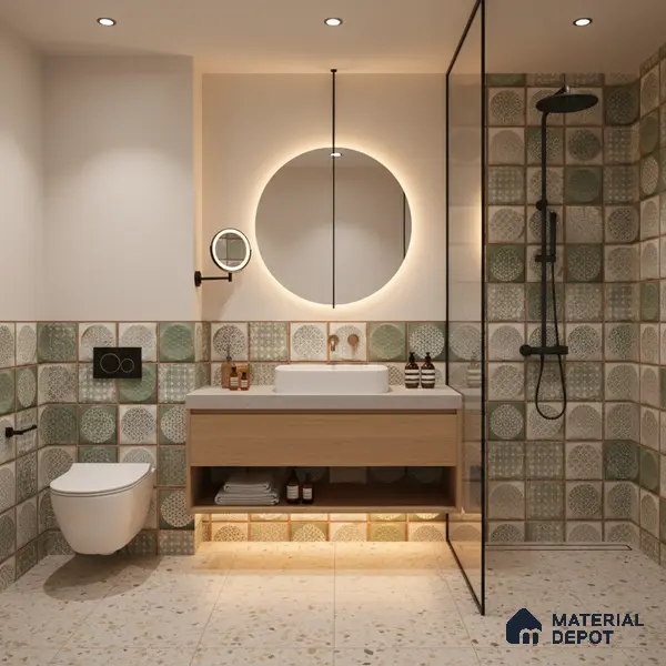 Faux Subway Wall Tile TL 04918 D Esfera Decor 2 Circle Satvario Verde 1 ft x 1 ft Ceramic Matte Finish - 9 mm | Suitable for Highlighter Walls, Foyer, Bathroom, Kitchen Wall & Backsplashes | Please Expect a Slight Variation of Pattern