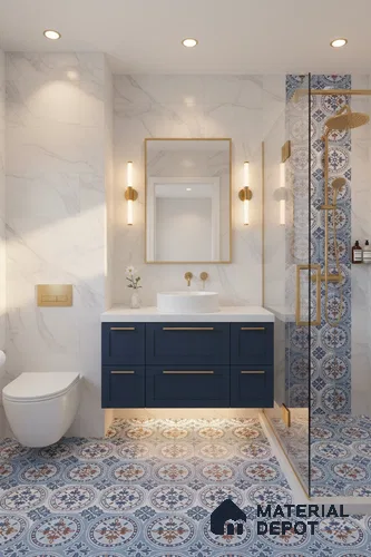 Moroccan Wall & Floor Tile TL 04919 Base & Bloom Cocoa Azul 1 ft x 1 ft Ceramic Matte Finish - 9 mm | Suitable for Bathroom, Kitchen, Balcony | Please Expect a Slight Variation of Pattern