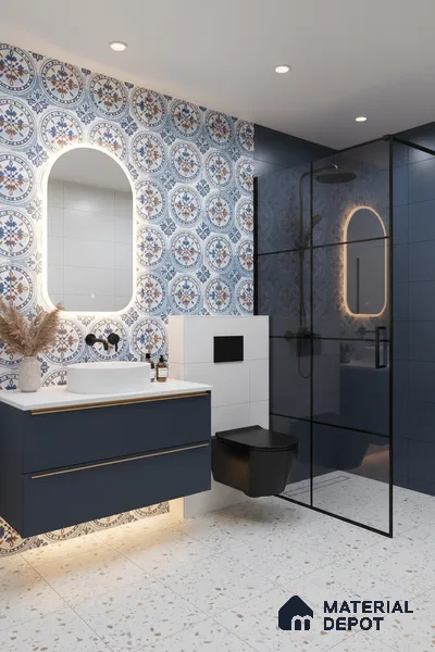 Moroccan Wall & Floor Tile TL 04919 Base & Bloom Cocoa Azul 1 ft x 1 ft Ceramic Matte Finish - 9 mm | Suitable for Bathroom, Kitchen, Dining Area | Please Expect a Slight Variation of Pattern (Sample)