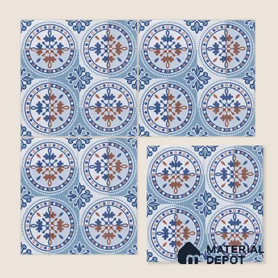Moroccan Wall & Floor Tile TL 04919 Base & Bloom Cocoa Azul 1 ft x 1 ft Ceramic Matte Finish - 9 mm | Suitable for Bathroom, Kitchen, Balcony | Please Expect a Slight Variation of Pattern