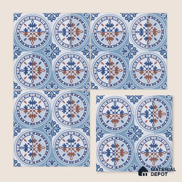 Moroccan Wall & Floor Tile TL 04919 Base & Bloom Cocoa Azul 1 ft x 1 ft Ceramic Matte Finish - 9 mm | Suitable for Bathroom, Kitchen, Balcony | Please Expect a Slight Variation of Pattern