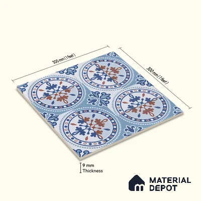 Moroccan Wall & Floor Tile TL 04919 Base & Bloom Cocoa Azul 1 ft x 1 ft Ceramic Matte Finish - 9 mm | Suitable for Bathroom, Kitchen, Balcony | Please Expect a Slight Variation of Pattern
