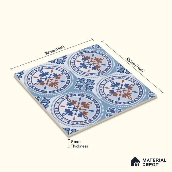 Moroccan Wall & Floor Tile TL 04919 Base & Bloom Cocoa Azul 1 ft x 1 ft Ceramic Matte Finish - 9 mm | Suitable for Bathroom, Kitchen, Balcony | Please Expect a Slight Variation of Pattern