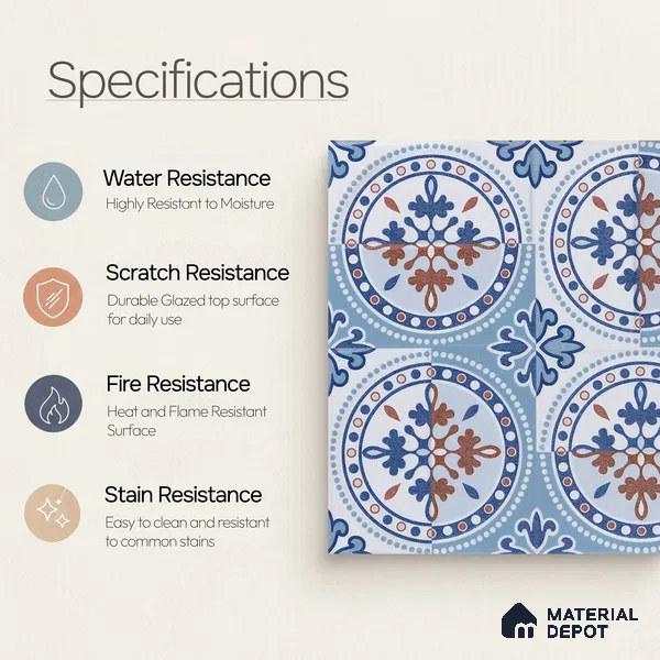 Moroccan Wall & Floor Tile TL 04919 Base & Bloom Cocoa Azul 1 ft x 1 ft Ceramic Matte Finish - 9 mm | Suitable for Bathroom, Kitchen, Balcony | Please Expect a Slight Variation of Pattern