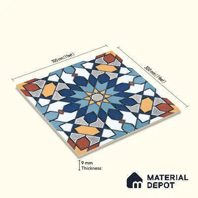 Moroccan Wall & Floor Tile TL 04921 Base & Bloom Decor Solid Blue 1 ft x 1 ft Ceramic Matte Finish - 9 mm | Suitable for Bathroom, Kitchen, Dining Area | Please Expect a Slight Variation of Pattern