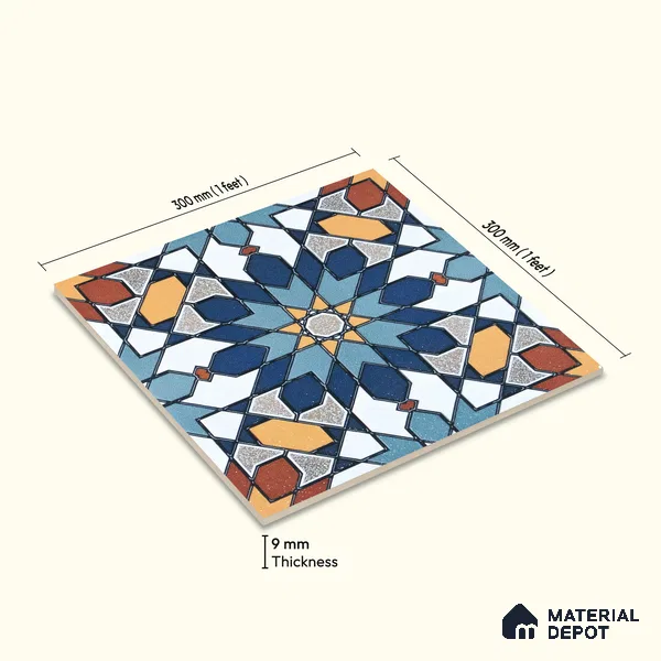Moroccan Wall & Floor Tile TL 04921 Base & Bloom Decor Solid Blue 1 ft x 1 ft Ceramic Matte Finish - 9 mm | Suitable for Bathroom, Kitchen, Dining Area | Please Expect a Slight Variation of Pattern