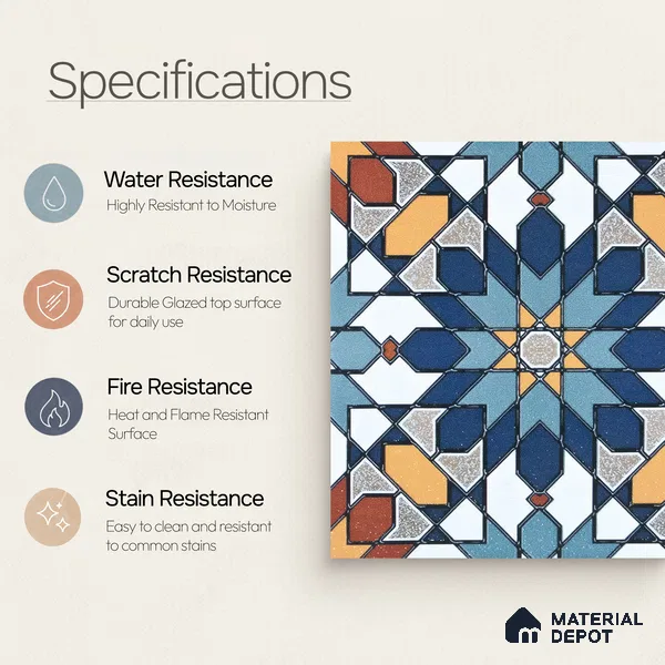 Moroccan Wall & Floor Tile TL 04921 Base & Bloom Decor Solid Blue 1 ft x 1 ft Ceramic Matte Finish - 9 mm | Suitable for Bathroom, Kitchen, Dining Area | Please Expect a Slight Variation of Pattern
