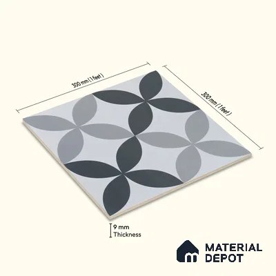 Moroccan Wall & Floor Tile TL 04958 Marrakech Rangoli Greyshades 1 ft x 1 ft Ceramic Matte Finish - 9 mm | Suitable for Bathroom, Kitchen, Balcony | Please Expect a Slight Variation of Pattern