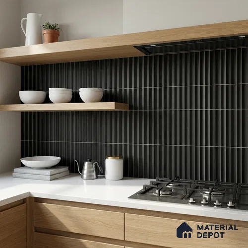 Subway Fluted Wall Tile TL 04961 D Piedra Black Knight 12 x 3 inch Ceramic Matte Finish - 6.5 mm | Suitable for Highlighter Walls, Foyer, Bathroom, Kitchen Wall & Backsplashes