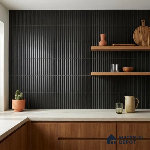 Subway Fluted Wall Tile TL 04963 B Brillo Black 12 x 3 inch Ceramic Matte Finish - 6.5 mm | Suitable for Highlighter Walls, Foyer, Bathroom, Kitchen Wall & Backsplashes