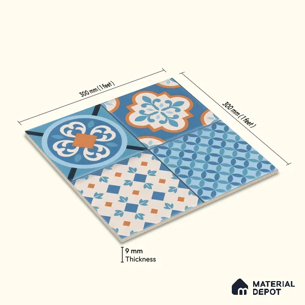 Moroccan Wall & Floor Tile TL 05007 Marrakech Tidal Blue 1 ft x 1 ft Ceramic Matte Finish - 9 mm | Suitable for Bathroom, Kitchen, Balcony | Please Expect a Slight Variation of Pattern
